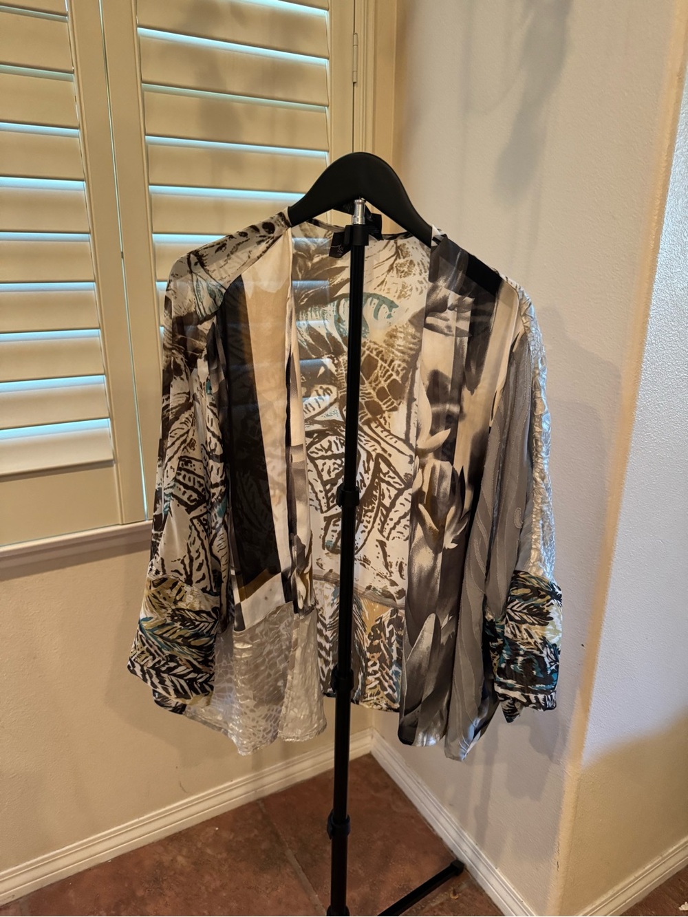Chico's Sheer Patterned Open-Front Jacket in Black, White & Cream